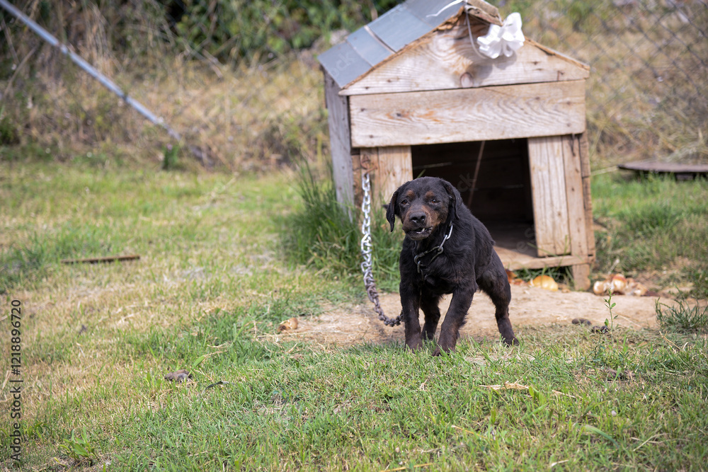 A black mixed breed dog in front of a wooden house on a chain tied and sad while his face shows the sad life of man's best friend