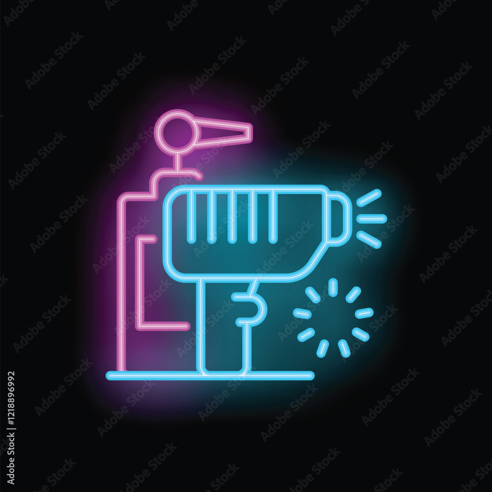 Professional electric drying painting gun blowing hot air in neon style vector illustration Professional electric drying painting gun blowing hot air in neon style vector illustration