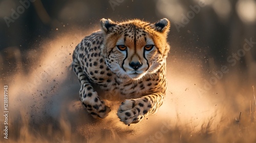 A cheetah sprinting across the savanna with dust trailing behind it