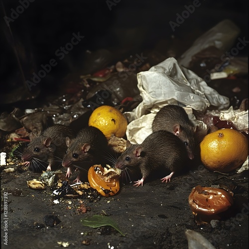 Rats eating food scraps in a dirty kitchen photo