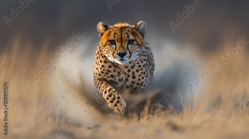 A cheetah sprinting across the savanna with dust trailing behind it
