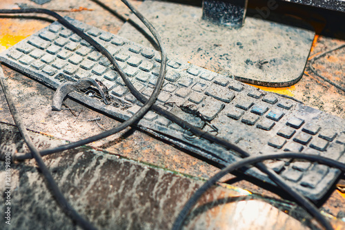 Obraz na płótnie Burnt and dust covered keyboard with tangled cables, lying amid debris after a fire, symbolizing destruction and damage. Good for themes of disaster recovery technology or industrial accident w salonie