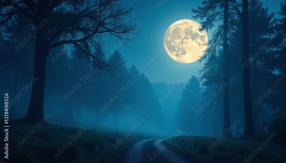 Fototapeta premium A full moon casts an ethereal glow on a misty forest, shadows, full moon, mystery