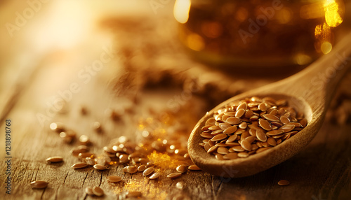 Brown flax seeds on a spoon and flaxseed oil