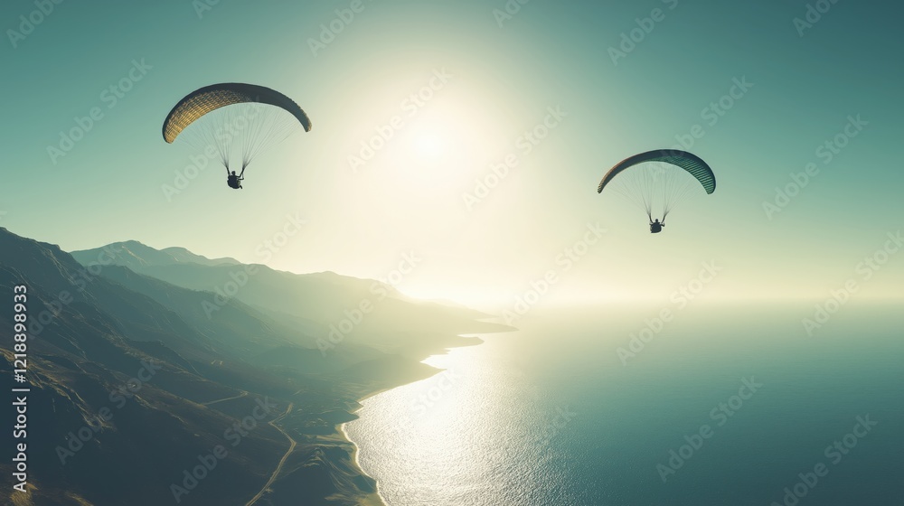 Paraglider with parachute flying through the bright blue sky Paraglider with parachute flying through the bright blue sky