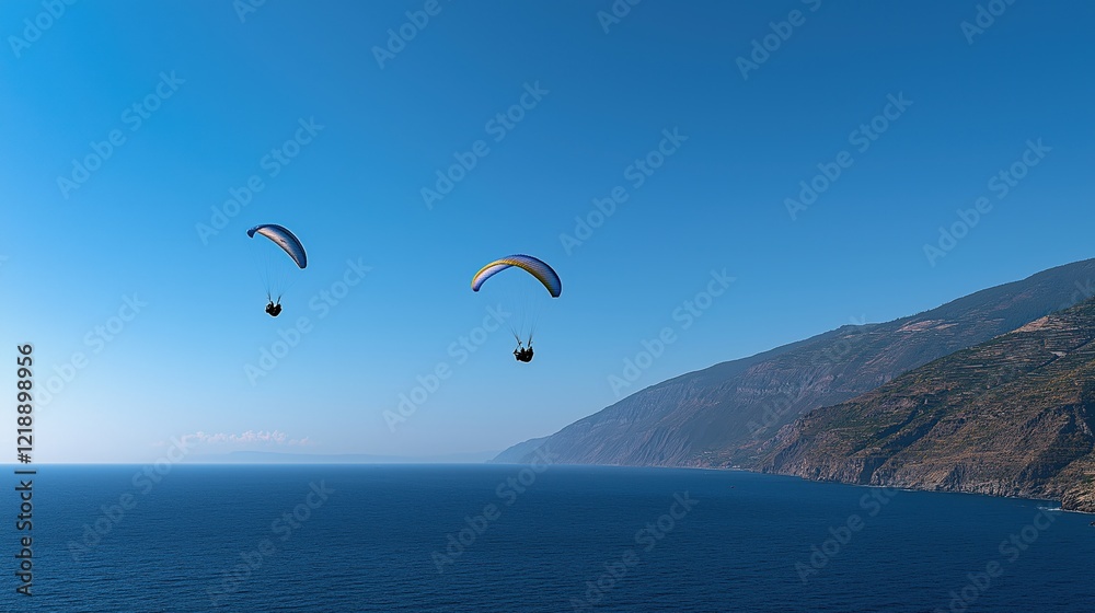 Paraglider with parachute flying through the bright blue sky Paraglider with parachute flying through the bright blue sky