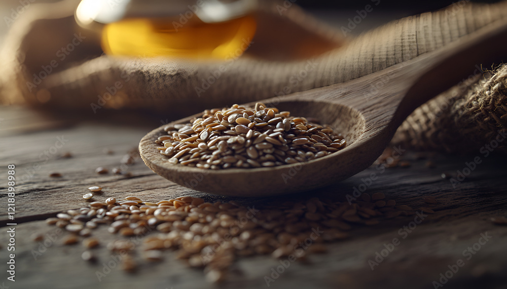 Brown flax seeds on a spoon and flaxseed oil Brown flax seeds on a spoon and flaxseed oil