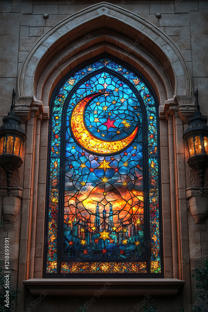 Obraz premium Colorful stained glass window with crescent moon and stars in cathedral setting