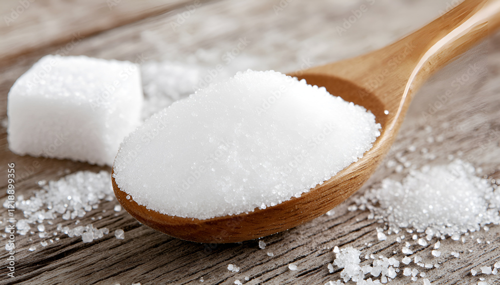 Sugar on wooden table. Selective focus Sugar on wooden table. Selective focus