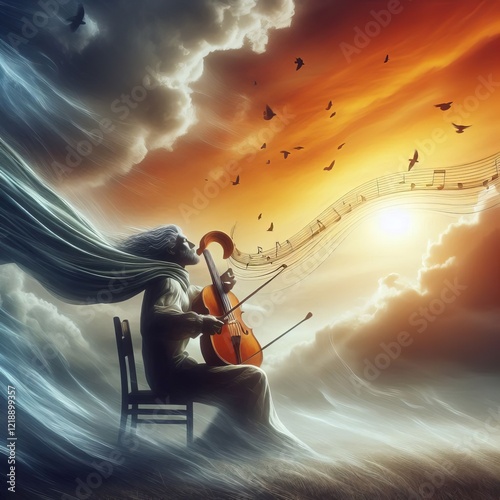 Playing a Musical Instrument in the Wind Expressing freedom thro photo