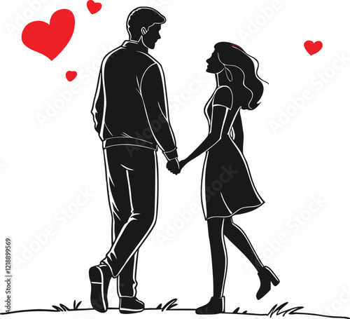 A heartwarming black and white silhouette illustration of a loving couple walking hand-in-hand.