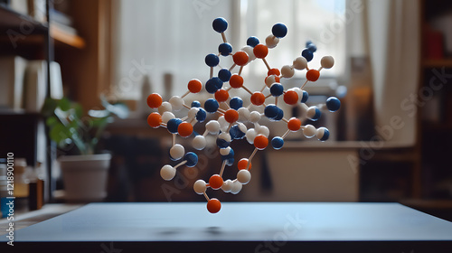 A molecular model of a complex organic compound, suspended mid-air in a lightbox, creating a surreal and visually stunning effect, during an artistic scientific photoshoot