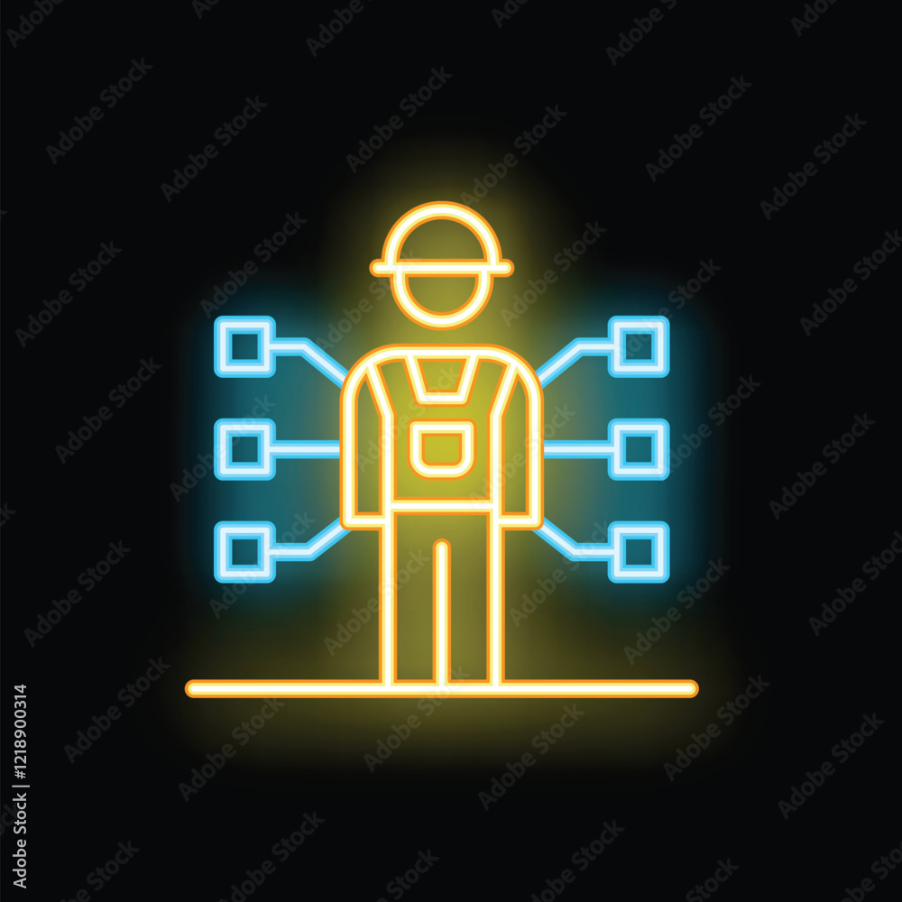 Neon sign of a construction worker connected to multiple tasks, symbolizing multitasking, project management, and efficiency in the construction industry Neon sign of a construction worker connected to multiple tasks, symbolizing multitasking, project management, and efficiency in the construction industry