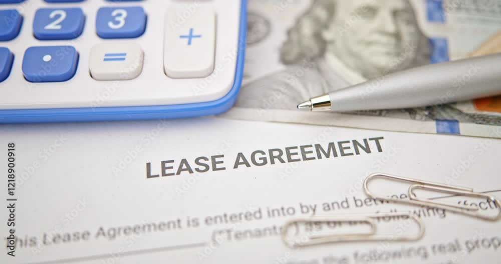 Lease agreement documentation and financial planning. A lease agreement, a calculator, pen, and paper clips, emphasizing financial calculations and legal preparations for rental or leasing contracts.