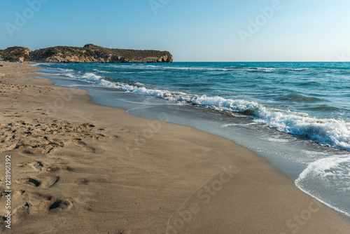 Fototapeta Naklejka Na Ścianę i Meble -  Mediterranean seacoast at the Patara beach on a sunny day with blue sea Antalya region, Turkey.