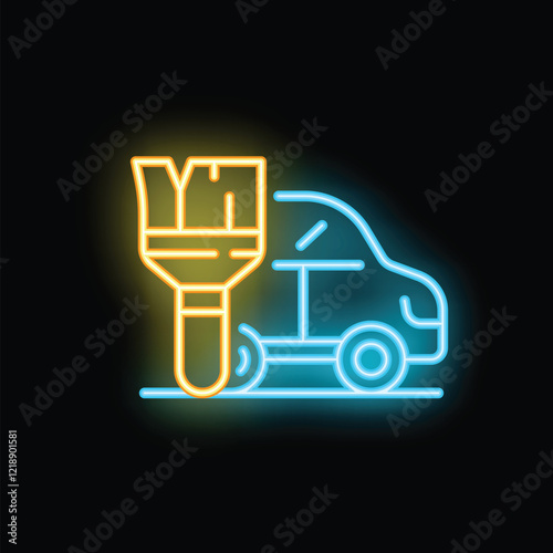 Glowing neon line icon of a paint brush painting a car body, representing car painting service