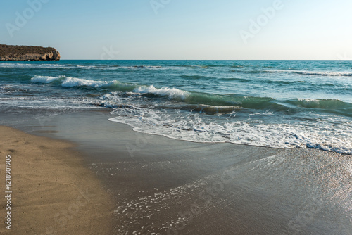 Fototapeta Naklejka Na Ścianę i Meble -  Mediterranean seacoast at the Patara beach on a sunny day with blue sea Antalya region, Turkey.
