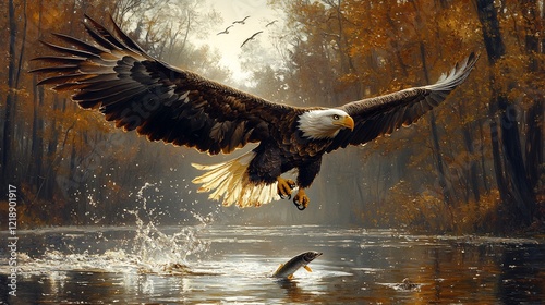 A close up of a bald eagle catching a fish mid flight over a sparkling lake