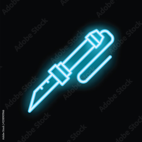 Blue neon icon of a soldering iron glowing on a black background, perfect for electronic repair projects