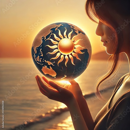 The sun wraps around a globe its rays touching all continents Th