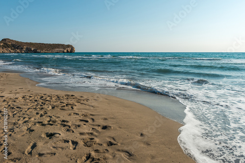 Fototapeta Naklejka Na Ścianę i Meble -  Mediterranean seacoast at the Patara beach on a sunny day with blue sea Antalya region, Turkey.