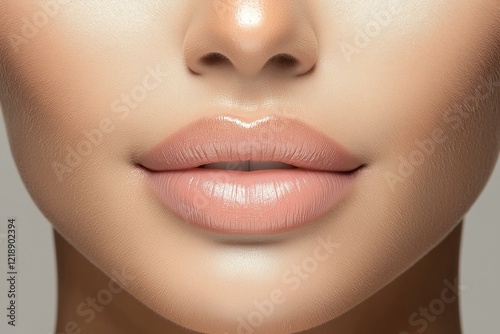 Close-up of beautiful lips with natural makeup, showcasing soft and alluring features in a stunning portrait. photo