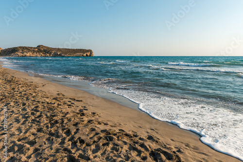 Fototapeta Naklejka Na Ścianę i Meble -  Mediterranean seacoast at the Patara beach on a sunny day with blue sea Antalya region, Turkey.