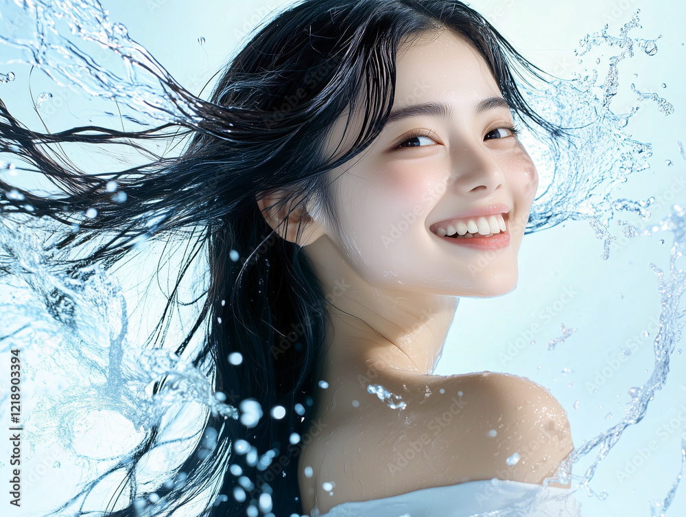 躍動感のある水流と溌溂とした笑顔の女性 シャワー シャンプーのイメージ