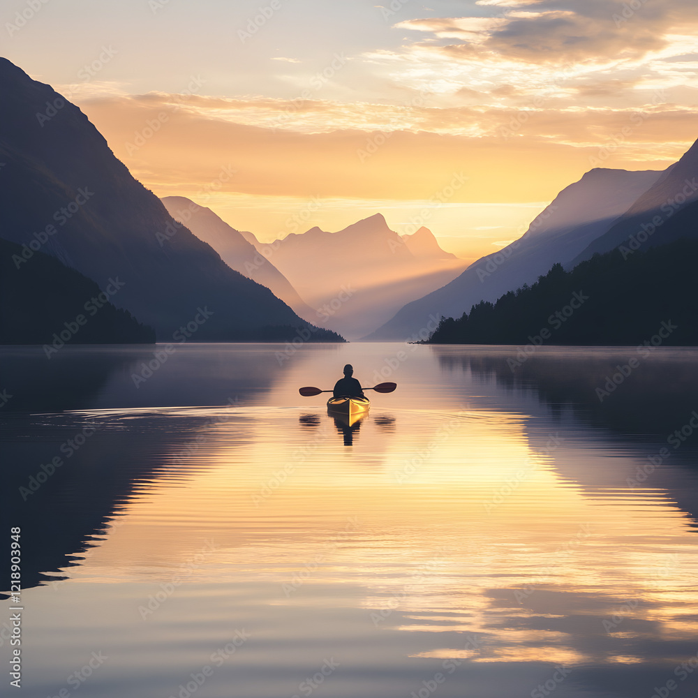 Kayaking at Sunrise: Serene kayaking adventure on a calm lake, surrounded by majestic mountains at sunrise. The golden light reflects on the still water, creating a tranquil and breathtaking scene. Kayaking at Sunrise: Serene kayaking adventure on a calm lake, surrounded by majestic mountains at sunrise. The golden light reflects on the still water, creating a tranquil and breathtaking scene.