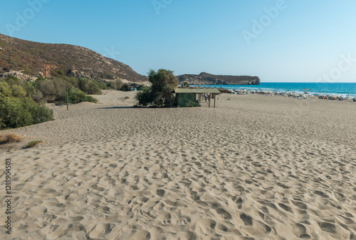 Fototapeta Naklejka Na Ścianę i Meble -  Mediterranean seacoast at the Patara beach on a sunny day with blue sea Antalya region, Turkey.