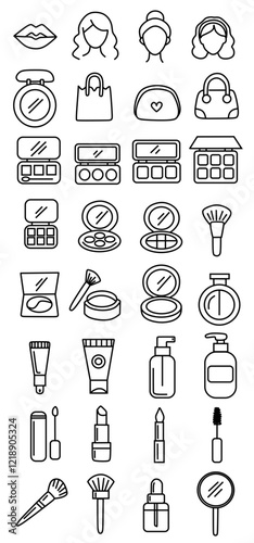 Skincare and Makeup icon consists of shopping bag, makeup pouch, lipstick, eyeliner, powder, contour, foundation, facewash, mascara, eyeshadow, blush on, perfume, serum, eye cream, cleanser and brush