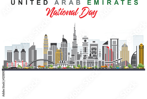 UAE National Day Anniversary - Union Day - Eid Al Etihad with skylines and buildings