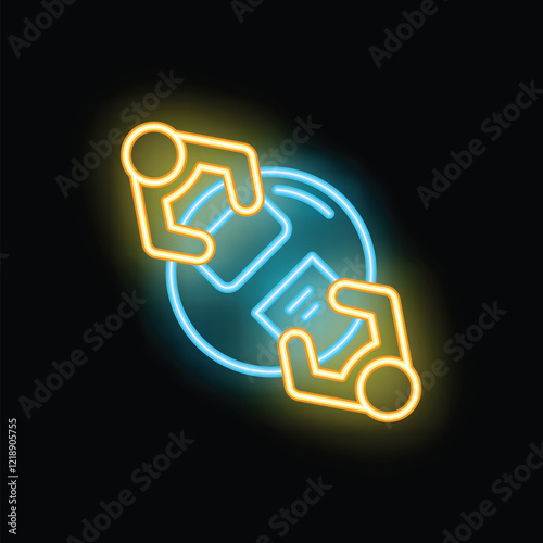 Neon sign style icon of two businessmen sitting at a round table and sharing documents, representing the concept of deal