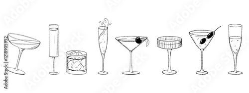 Alcoholic drinks set. Glass of champagne, margarita, cosmopolitan, brandy, vermouth, whiskey, wine, martini with olives, cognac with ice cubes. Isolated black and white sketch. Hand drawing. Vector 