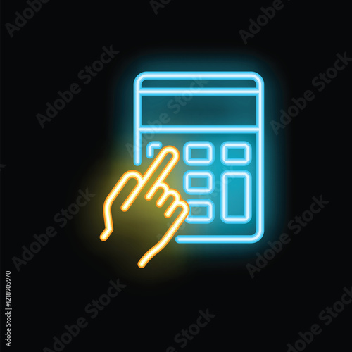 Glowing neon icon of a hand pressing a button on a calculator, symbolizing accounting and finance