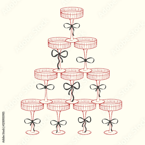Alcoholic drinks. Elegant champagne pyramid tower with bows and ribbons. Luxury decoration for birthday party, wedding invitation, card. Coquettish, flirty aesthetic. vector illustration.