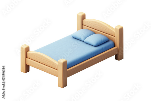 Isometric icon of a simple wooden bed with a blue mattress, isolated on transparent background