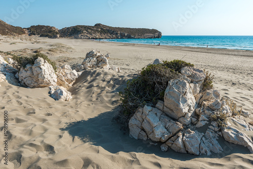 Fototapeta Naklejka Na Ścianę i Meble -  Mediterranean seacoast at the Patara beach on a sunny day with blue sea Antalya region, Turkey.