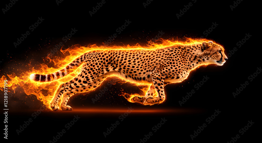 Fototapeta premium Cheetah sprinting through flames, showcasing speed and agility in a dynamic setting