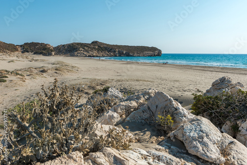 Fototapeta Naklejka Na Ścianę i Meble -  Mediterranean seacoast at the Patara beach on a sunny day with blue sea Antalya region, Turkey.
