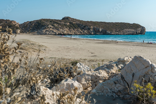 Fototapeta Naklejka Na Ścianę i Meble -  Mediterranean seacoast at the Patara beach on a sunny day with blue sea Antalya region, Turkey.