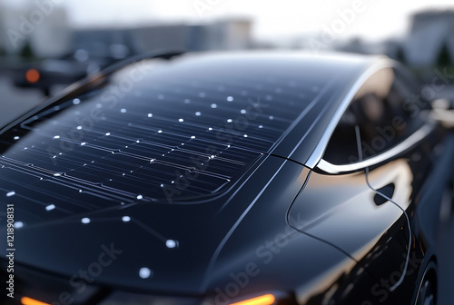 Future clean energy concept, self charging car with new design solar cell panel, high capacity energy storage, environmental concerned photo