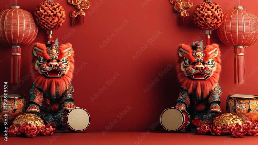 Fototapeta premium Vibrant Display of Two Traditional Red Lanterns Gracefully Hanging Against a Bold Red Wall Creating an Enchanting Cultural Ambiance Evoking Warmth and Celebration in a Richly Colored Setting