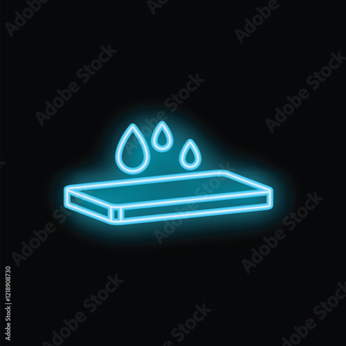 Neon blue icon of a waterproof material with water drops falling on it, isolated on a black background