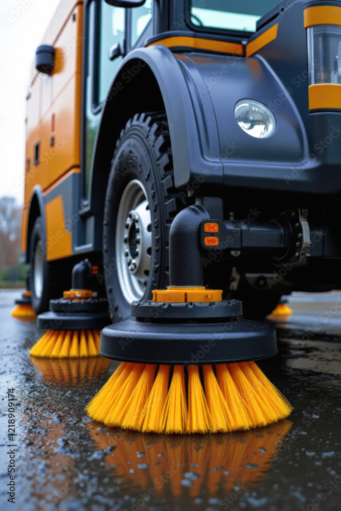 Fototapeta premium High-Efficiency Street Cleaning Vehicle with Precision Brushes and Reflective Technology