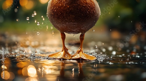 A close up of a ducks webbed feet standing on shimmering water