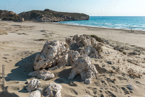 Fototapeta Naklejka Na Ścianę i Meble -  Mediterranean seacoast at the Patara beach on a sunny day with blue sea Antalya region, Turkey.