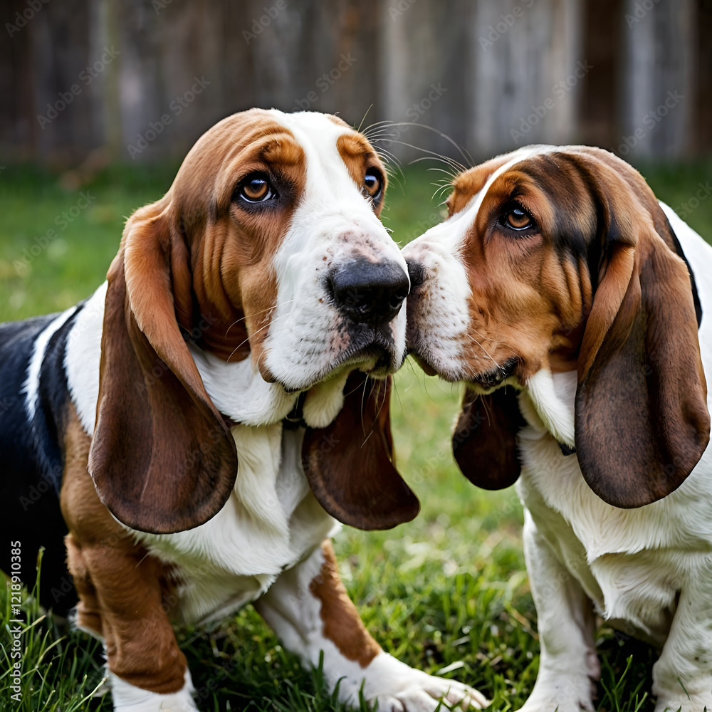 Two affectionate basset hounds bonding together in a green outdoor setting with a soft background Two affectionate basset hounds bonding together in a green outdoor setting with a soft background