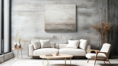 A Calming, Minimalist Living Room With A Beige Couch, Armchair, And A Large Abstract Painting On The Wall.  The Room Has A Natural Light And Neutral Color Palette, Creating A Serene Atmosphere.