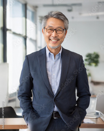 オフィスで撮影された笑顔の50代～60代のビジネスマンのポートレート（Portrait of a smiling businessman in his 50s or 60s photographed in an office）
 photo